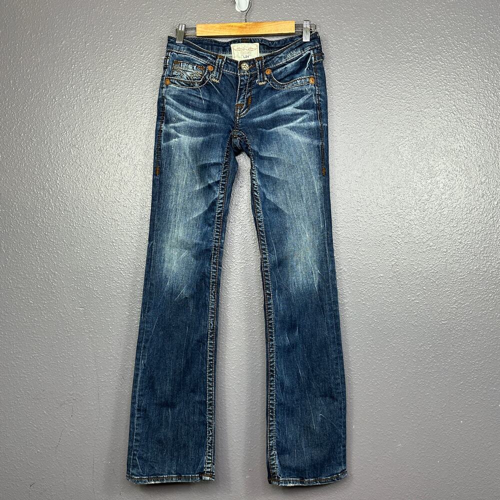 Big Star Women’s Boot Cut Jeans in Distressed Dark Blue Wash